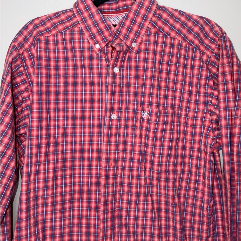 Ariat Pro Fitted Boys Large Red Blue Stripe Long Sleeve Button Up Western Shirt
